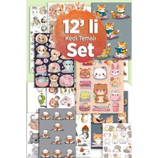 Liyacraft Sevimli Kedi Temalı 12'li Sticker Planner Ajanda Bullet Journal Için Uygun Set