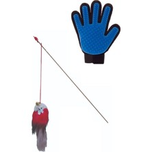 Nadom 2li Set Ahşap Tüylü Çıngıraklı Kedi Oltası Parmaklı Kıl Tüy Toplama Eldiveni