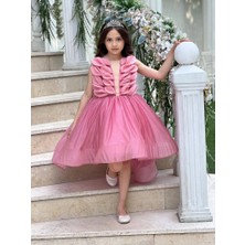 Kız Çocuk Çiçekli Önü Kısa Arkası Uzun Abiye ve Taç