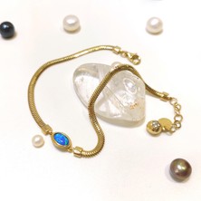 Altın Ofisi Koyu Mavi Opal Taşlı Balık Sırtı Bileklik Künye 14 Ayar Altın Hd Videolu