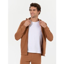 Cacharel Erkek Camel %100 Pamuk Tam Fermuarlı Kapüşonlu Sweatshirt 50257177-VR015