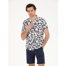 Cacharel Erkek Siyah Slim Fit Keten Karışımlı Kısakol Gömlek 50265490-VR046