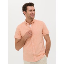 Cacharel Erkek Turuncu Slim Fit Keten Karışımlı Kısakol Gömlek 50269570-VR051