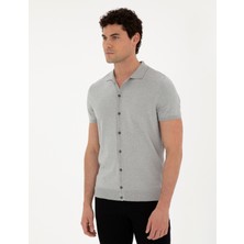 Pierre Cardin Erkek Açık Gri Slim Fit Düğmeli Polo Yaka Keten Karışımlı Triko Tişört 50289239-VR001