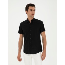 Cacharel Erkek Siyah Slim Fit Keten Karışımlı Kısakol Gömlek 50288558-VR046