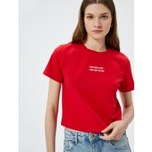 Koton Crop Tişört Slogan Baskılı Bisiklet Yaka Kısa Kollu Pamuklu