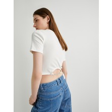 Koton Crop Tişört Sırtı Parlak Taş Detaylı Kısa Kollu Fitilli