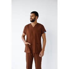 Dr. Mitra Erkek Likralı Yarasa Kol Hemşire Doktor Takım Kahverengi