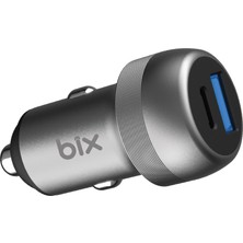 Bix BXAC100W 100W Type-C Pd 65W ve Usb-A Qc 35W Pps Destekli Çift Çıkışlı Mini Araç Içi Hızlı Şarj Cihazı Gri