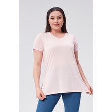 Sea Moda Büyük Beden V Yaka Yırtmaçlı Pamuk Basic Tshirt-Pudra Pembe