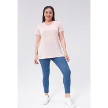 Sea Moda Büyük Beden V Yaka Yırtmaçlı Pamuk Basic Tshirt-Pudra Pembe