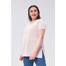 Sea Moda Büyük Beden V Yaka Yırtmaçlı Pamuk Basic Tshirt-Pudra Pembe