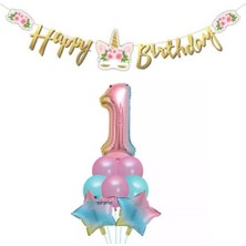 Parti Sürprizi Çiçekli Unicorn 1 Yaş Gökkuşağı Balon Set