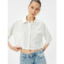 Koton Crop Keten Gömlek Dirsek Boy Kısa Kollu Cepli Rahat Kalıp