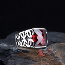 Tesbih Sepetim Kırmızı Renk Zirkon Taşlı 925 Ayar Gümüş Erkek Yüzük