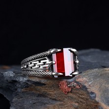 Tesbih Sepetim Kırmızı Renk Zirkon Taşlı Zincir Model Gümüş Yüzük