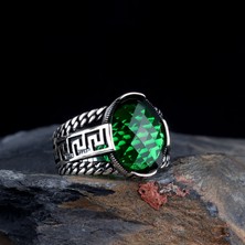 Tesbih Sepetim 925 Ayar Gümüş Oval Yeşil Zirkon Taşlı Erkek Yüzük