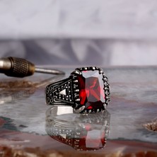Tesbih Sepetim Kırmızı Zirkon Taşlı Model 925 Ayar Gümüş Erkek Yüzük