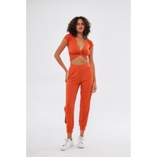 Chandraswear Kadın Turuncu Yırtmaç Detaylı Beli Lastikli Şalvar Görünümlü Pantolon Joggers - Bella