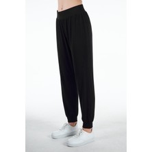 Chandraswear Siyah Kadın Yırtmaç Detaylı Beli Lastikli Şalvar Görünümlü Pantolon Joggers - Bella