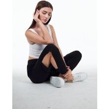 Chandraswear Siyah Kadın Yırtmaç Detaylı Beli Lastikli Şalvar Görünümlü Pantolon Joggers - Bella