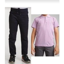 Fires Giyim Unisex Çocuk Ribana Bel Siyah Okul Pantolon +Kısa Kol Pamuk Polo Yaka T-Shırt