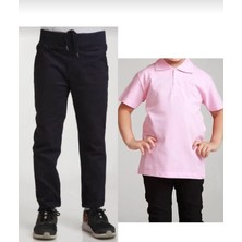 Fires Giyim Unisex Çocuk Ribana Bel Siyah Okul Pantolon +Kısa Kol Pamuk Polo Yaka T-Shırt