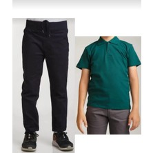 Fires Giyim Unisex Çocuk Ribana Bel Siyah Okul Pantolon +Kısa Kol Pamuk Polo Yaka T-Shırt