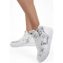 Kadın Vegan Deri Beyaz High Sneakers - Warner Bros Tweety Sketch Tasarım
