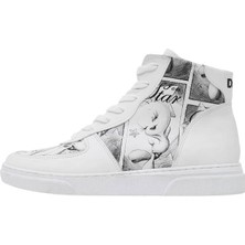 Kadın Vegan Deri Beyaz High Sneakers - Warner Bros Tweety Sketch Tasarım
