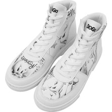 Kadın Vegan Deri Beyaz High Sneakers - Warner Bros Tweety Sketch Tasarım