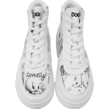 Kadın Vegan Deri Beyaz High Sneakers - Warner Bros Tweety Sketch Tasarım