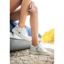 Kadın Vegan Deri Beyaz Sneakers - Daisy Stripes Tasarım