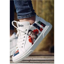 Kadın Vegan Deri Beyaz Sneakers - Viva la Vida Frida Kahlo Tasarım