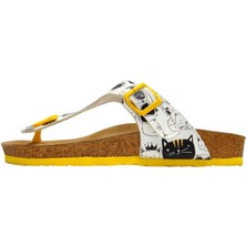 Kadın Vegan Deri Beyaz Parmak Arası Terlik - Monochrome Cats Tasarım