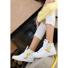 Kadın Vegan Deri Beyaz High Sneakers - Warner Bros Tweety Classic Tasarım