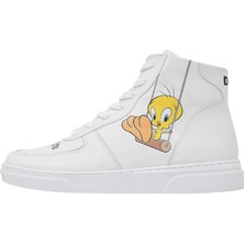 Kadın Vegan Deri Beyaz High Sneakers - Warner Bros Tweety Classic Tasarım