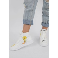 Kadın Vegan Deri Beyaz High Sneakers - Warner Bros Tweety Classic Tasarım