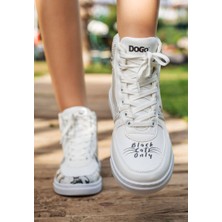 Kadın Vegan Deri Beyaz High Sneakers - Black Cats Only Tasarım