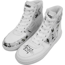 Kadın Vegan Deri Beyaz High Sneakers - Black Cats Only Tasarım