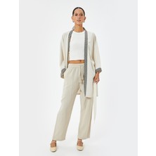 Koton Keten Viskon Karışımlı Oversize Kimono Geniş 3/4 Kol Desenli Kemer Detaylı