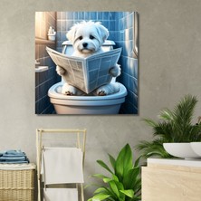 Gaagart Tekli Kare Kanvas Banyo Tablosu Gazete Okuyan Maltese Köpek
