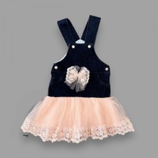 Diji Baby 2-3-4 Yaş Fiyonklu Düğme Detaylı Tül Etek Kot Kumaş Salopet Kız Çocuk Elbisesi