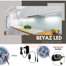 Amber LED 12V Yüksek Parlaklık 4040 Şerit LED Tak Çalıştır Hazır Set, 3 Metre Beyaz, Dali Dimmer Aç-Kapa Anahtar ve Adaptör Dahil, Gizli Aydınlatma, Mutfak, Tezgah, Dolap İçi ve Ayna İçin