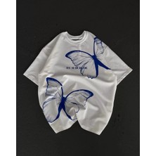 Tarz Yeri Bisiklet Yaka Baskılı Oversize T-Shirt - Beyaz