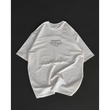 Tarz Yeri Unisex Bisiklet Yaka Baskılı Oversize T-Shirt - Beyaz