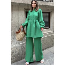 New Laviva Yeşil Hakim Yaka Balon Kol Tunik Bol Paça PantolonTakım