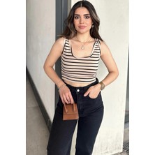 New Laviva Bej Çizgili, Dar Kesim, Yuvarlak Yaka, Terletmez, Crop Bluz & Atlet