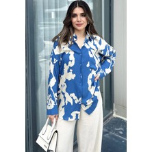 New Laviva Kadın Indigo Uzun Kol, Arkası Pliseli, Salaş Dökümlü, Viskon Gömlek