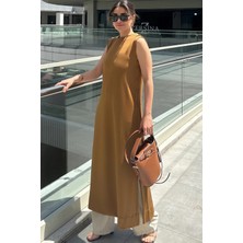 New Laviva Kadın Kahve Kolsuz Yuvarlak Yaka Derin Yırtmaçlı A Kesim Likralı Tunik Elbise